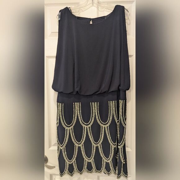 Betsy & Adam Navy Black rimestone Dropped Waist Cocktail formal party Dress sz L - Picture 2 of 8